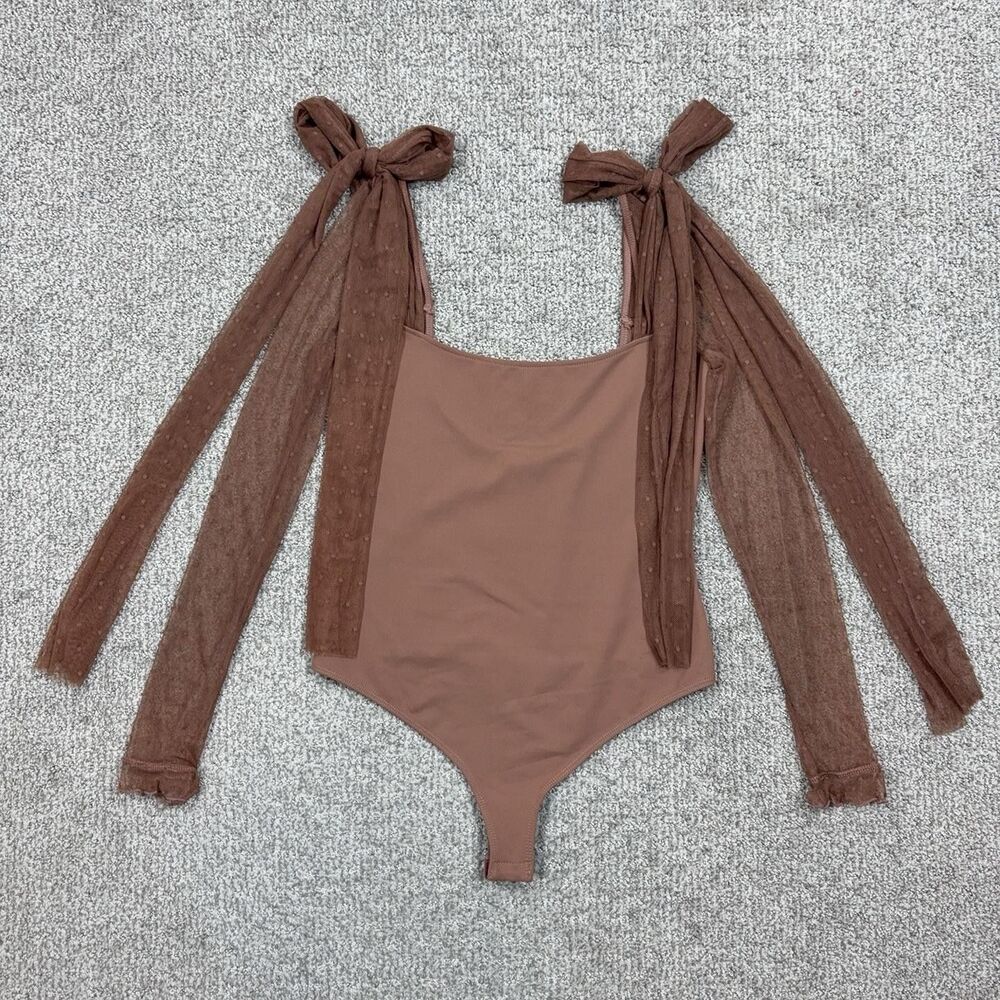 Intimately Free People Bodysuit Womens Small Brown Tie Sheer Mesh Bow Coquette